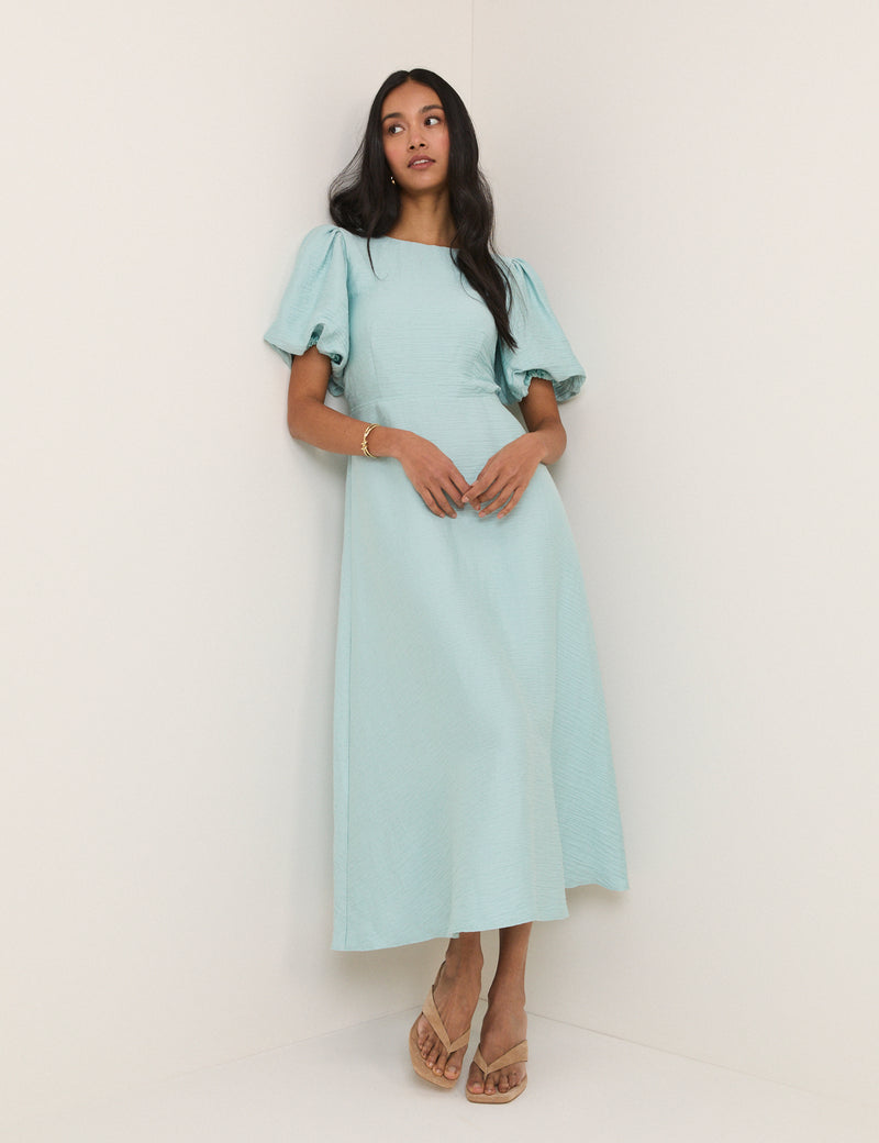 Blue Puff Sleeve Zola Midi Dress