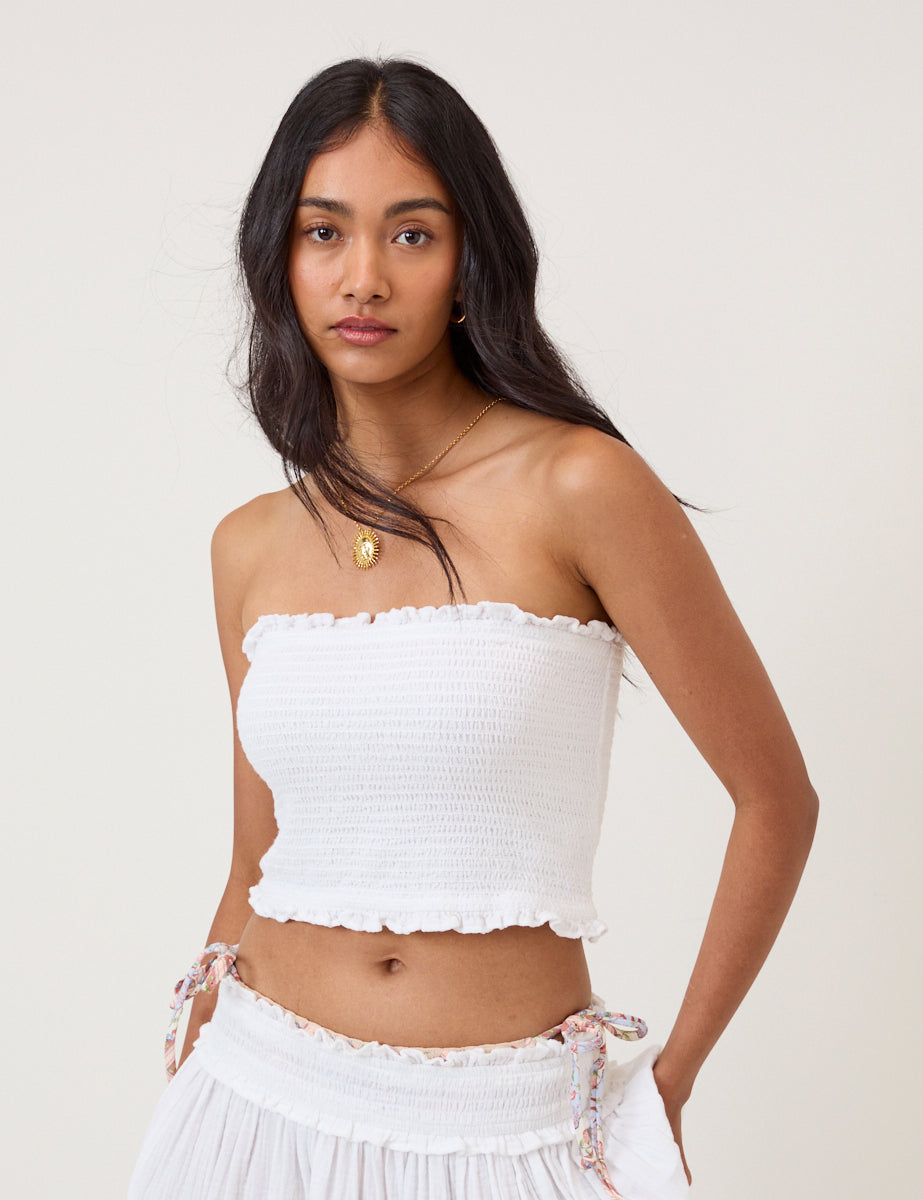 White Shirred Bandeau Top