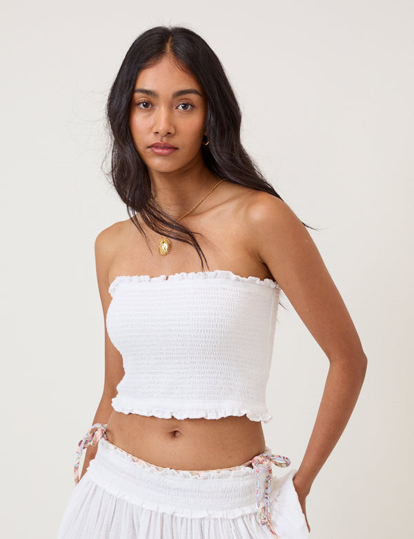 White Shirred Bandeau Top