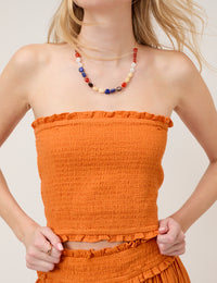 Orange Shirred Bandeau Top