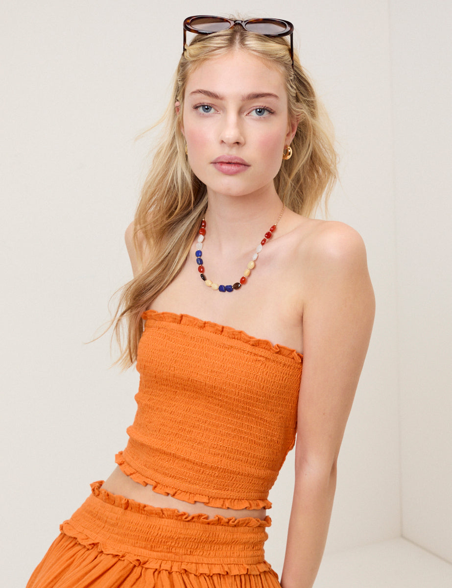 Orange Shirred Bandeau Top