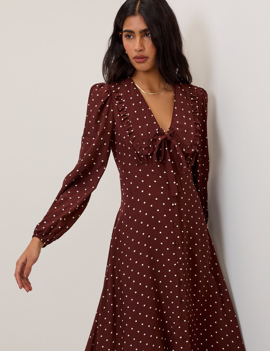 Burgundy Polka Dot Ottilie Midi Dress