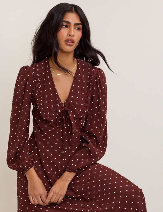 Brown Polka Dot Ottilie Midi Dress