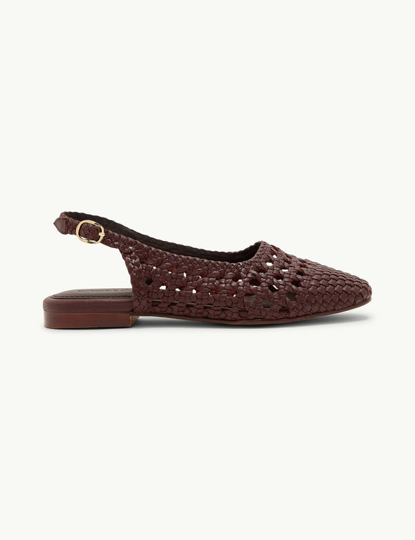 Brown Woven Leather Slingback Flats