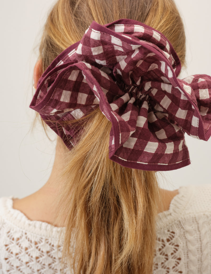 Burgundy Gingham Double Layered Scrunchie