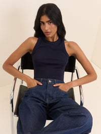 Navy Ribbed Racer Vest