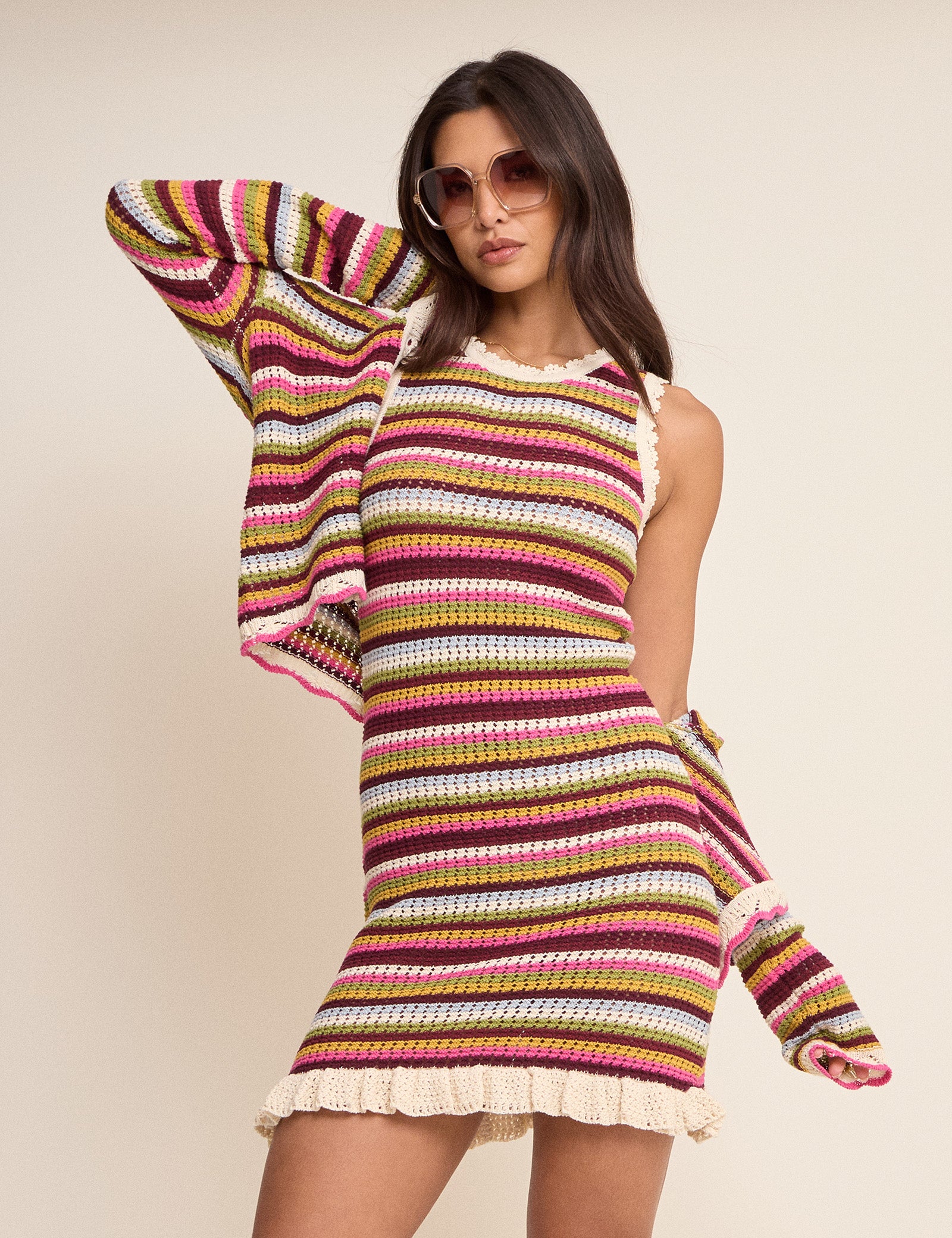 Multi-Coloured Striped Crochet Mini Dress