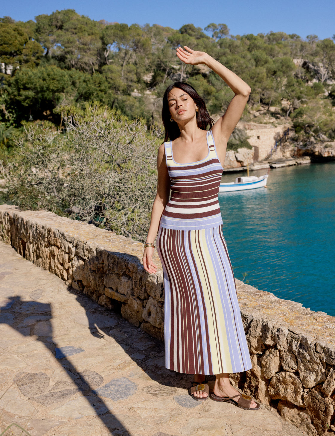 Brown and Blue Striped Drop Waist Knit Dress Brown and Blue Striped Drop Waist Knit Dress