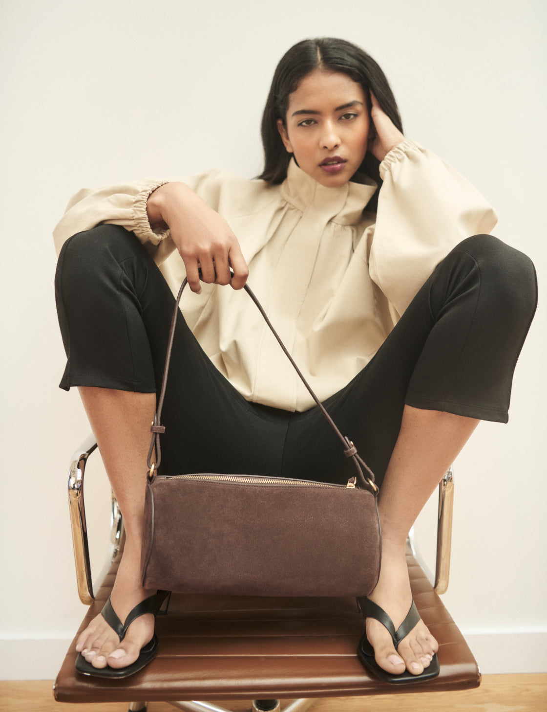 Chocolate Brown Suede Barrel Bag