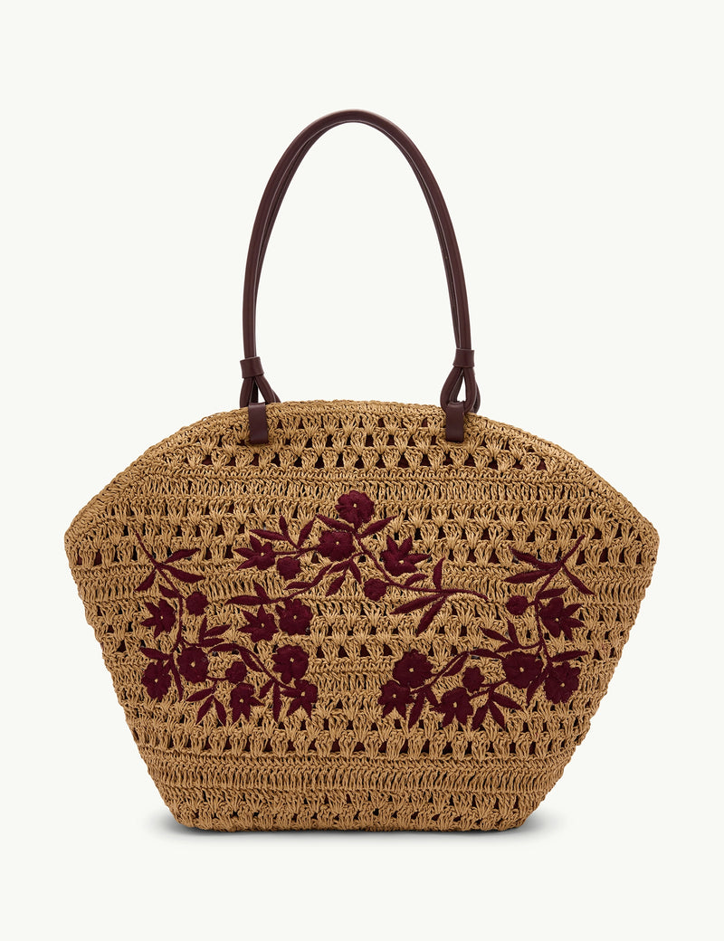 Beige Raffia Embroidered Basket Bag