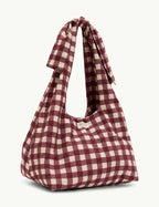 Burgundy Gingham Bow Tie Strap Tote Bag