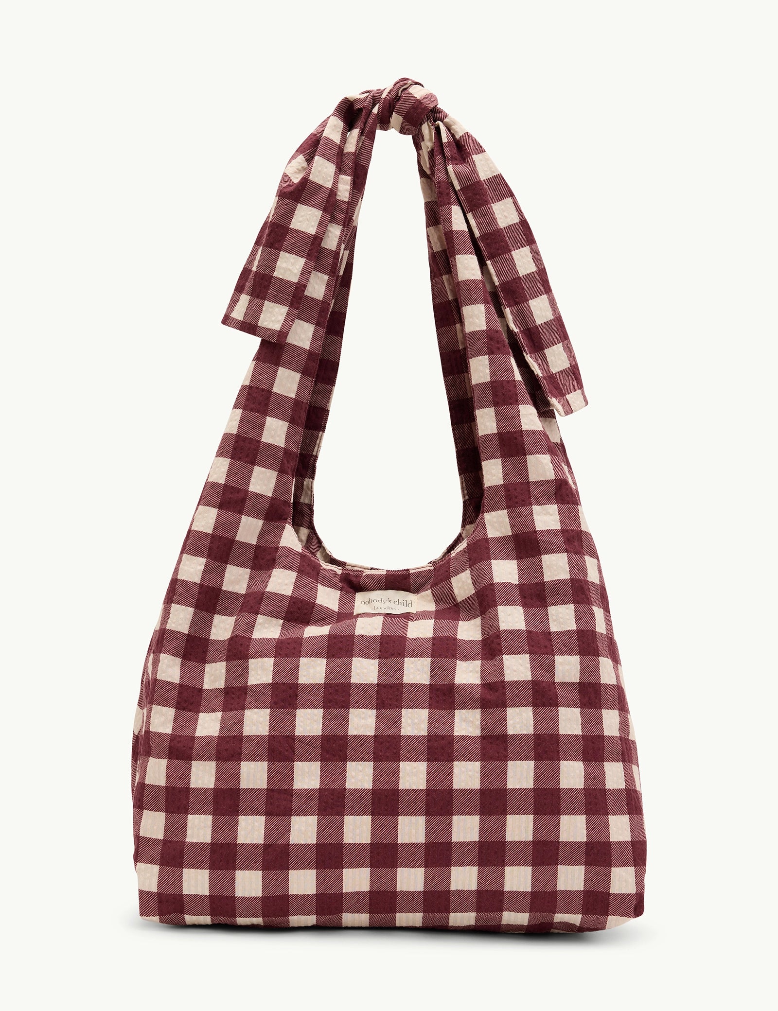 Burgundy Gingham Bow Tie Strap Tote Bag