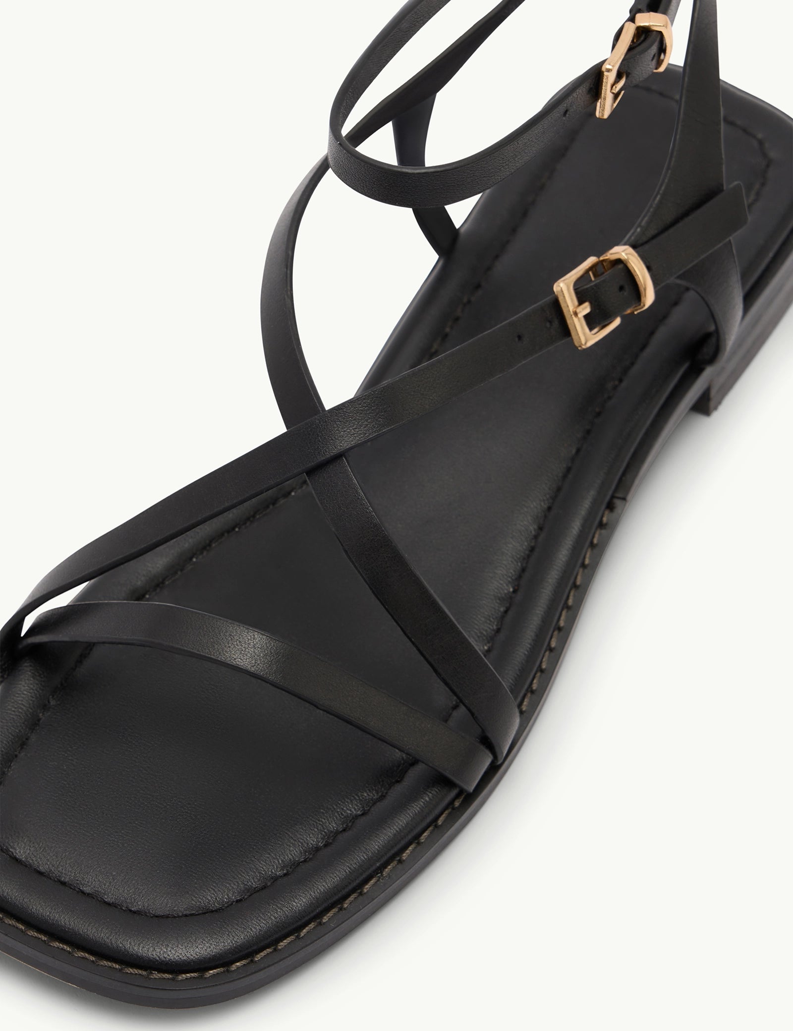Black Leather Square Toe Strappy Sandals