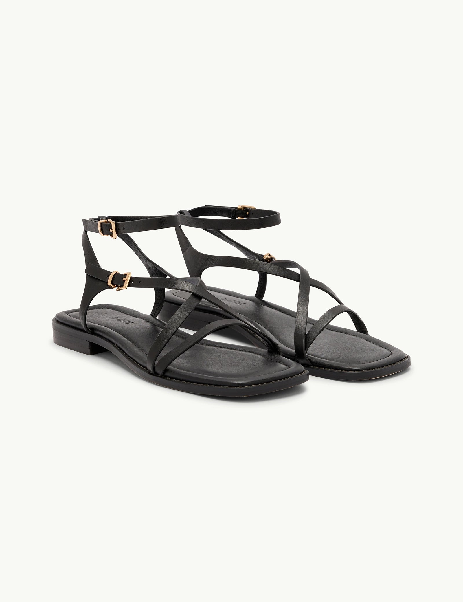Black Leather Square Toe Strappy Sandals