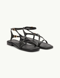 Black Leather Square Toe Strappy Sandals