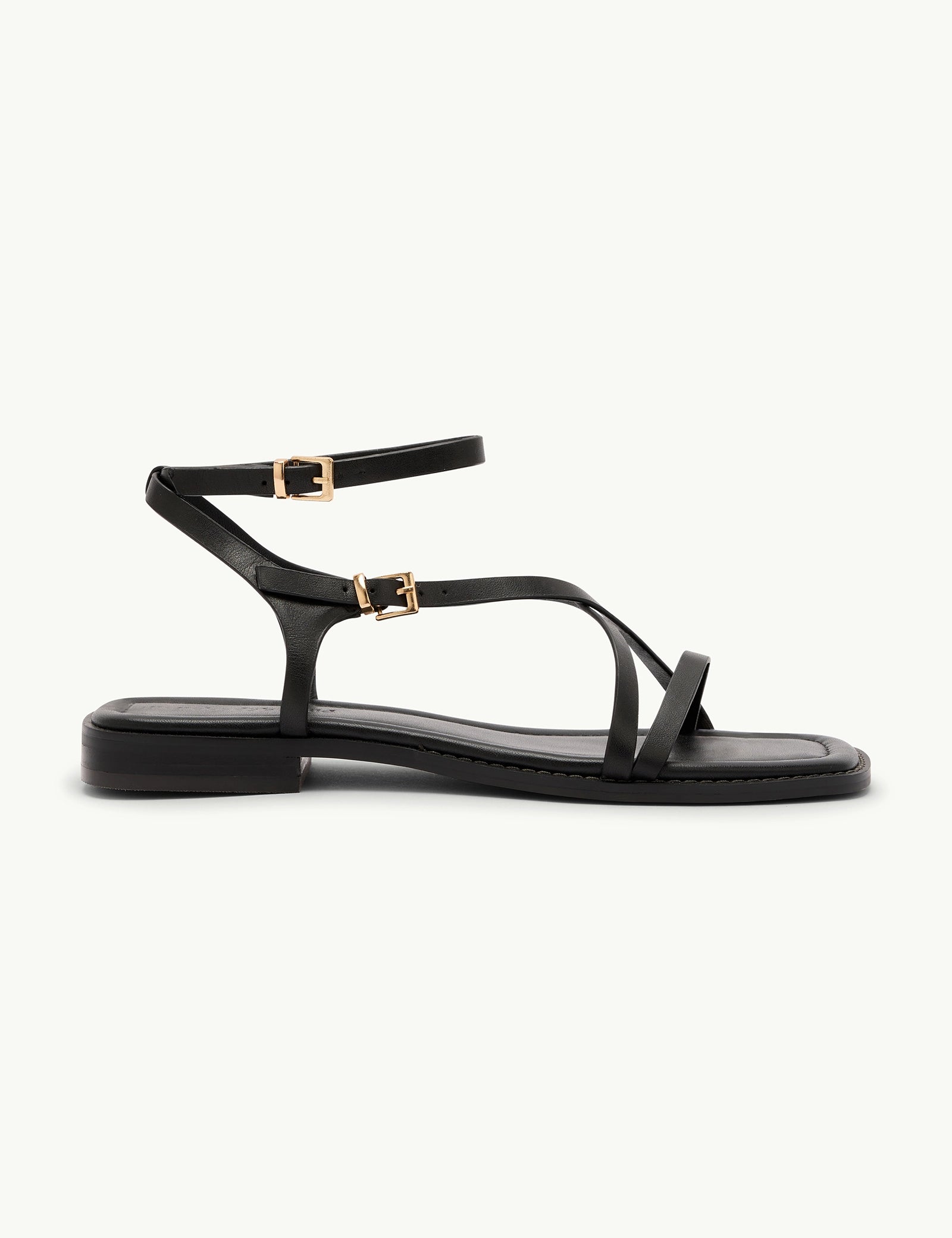 Black Leather Square Toe Strappy Sandals