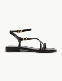 Black Leather Square Toe Strappy Sandals
