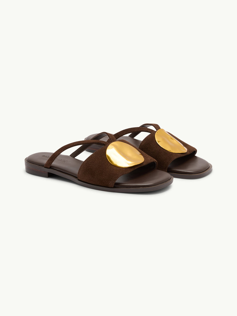 Brown Suede Metal Disc Detail Sandals