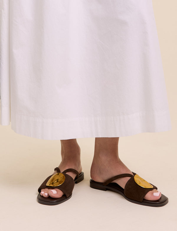 Brown Suede Metal Disc Detail Sandals