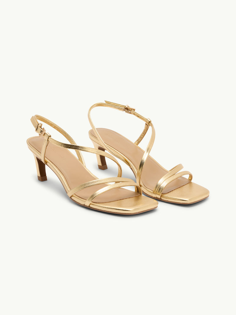 Gold Leather Strappy Kitten Heels