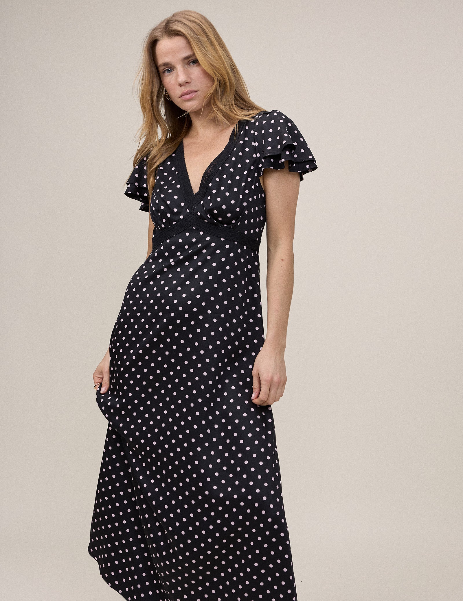 Black Polka Dot Lace Trim Iris Midi Dress