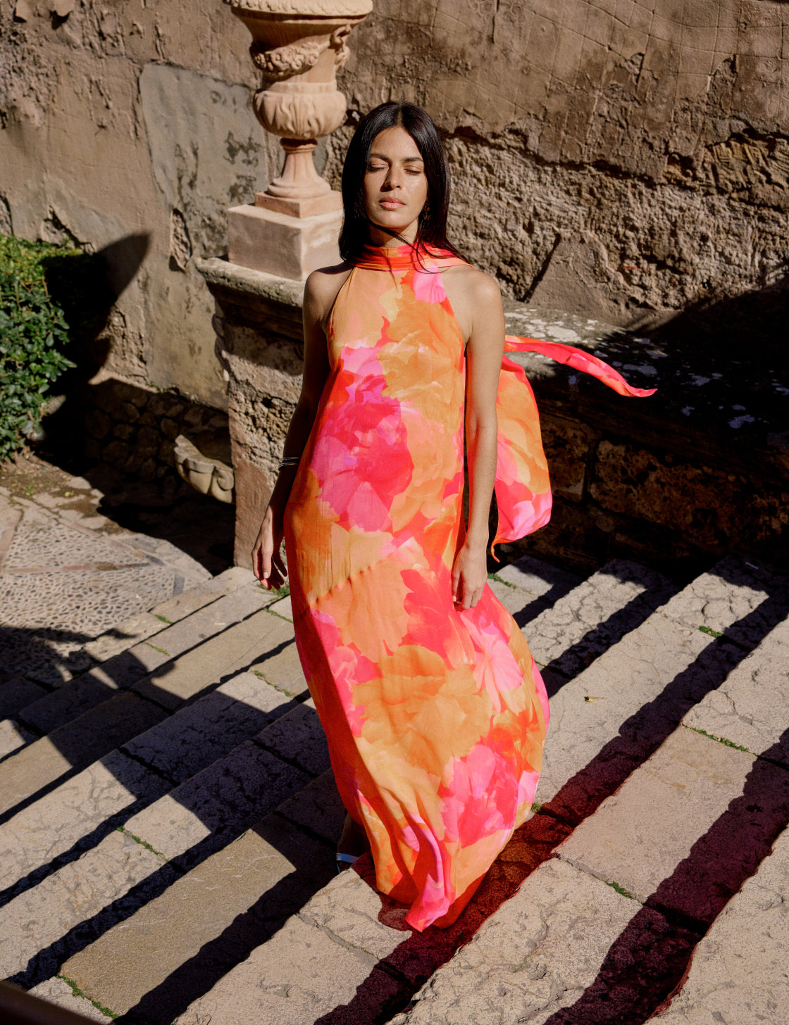 Pink and Orange Floral Halterneck Nala Maxi Dress