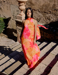 Pink and Orange Floral Halterneck Nala Maxi Dress