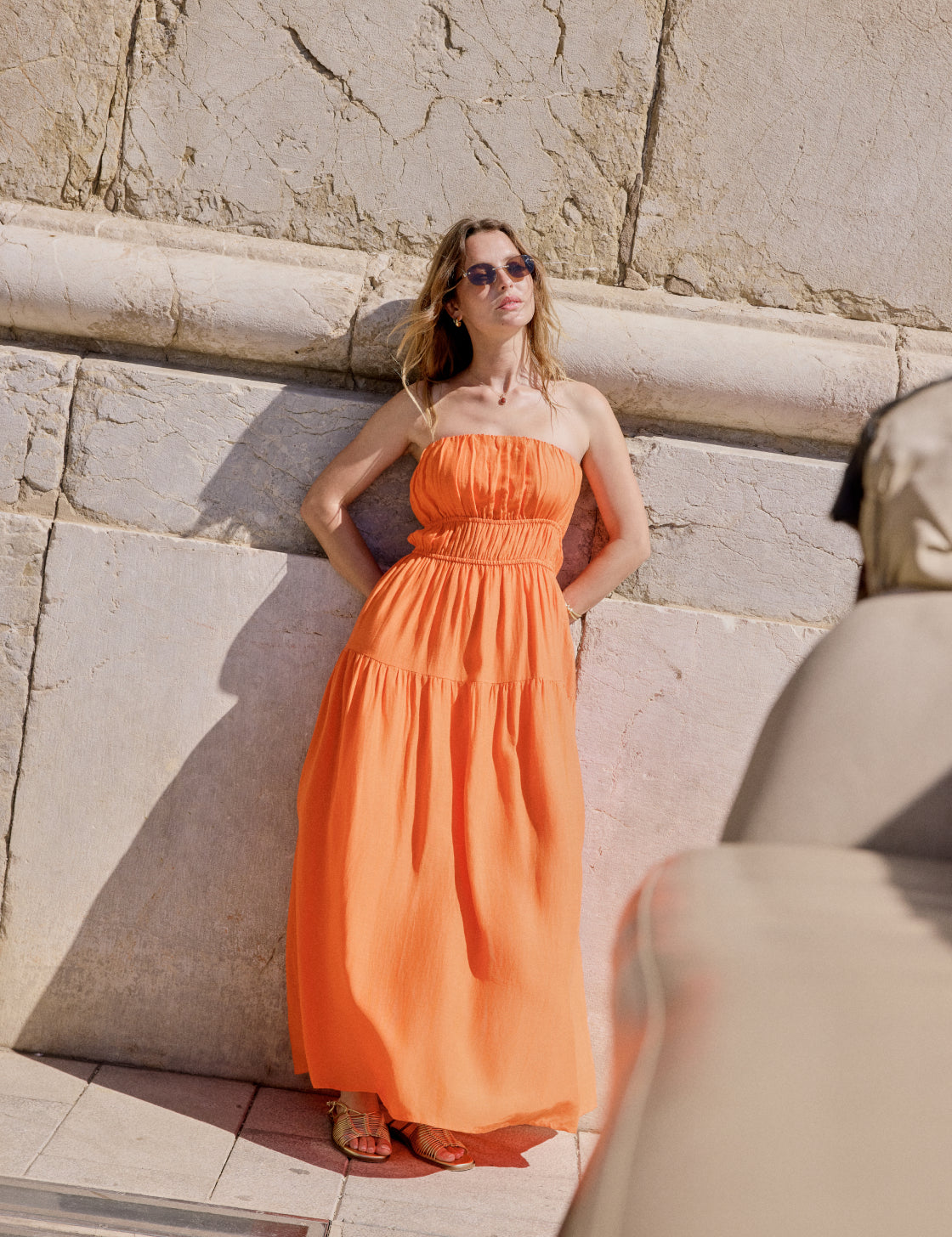 bandeau dress beach Orange Tiered Bandeau Tabitha Maxi Dress