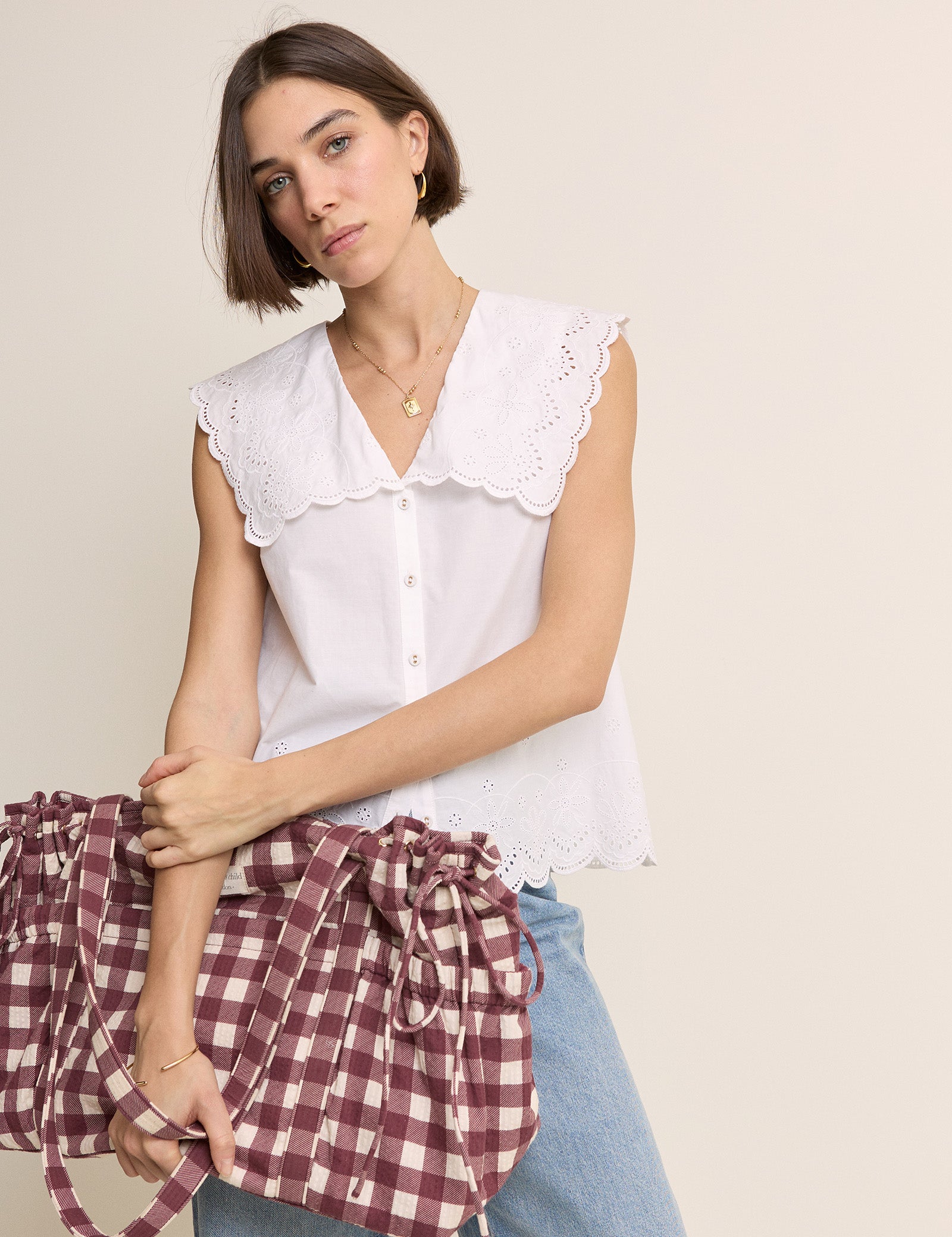 White Broderie Anglaise Collared Blouse
