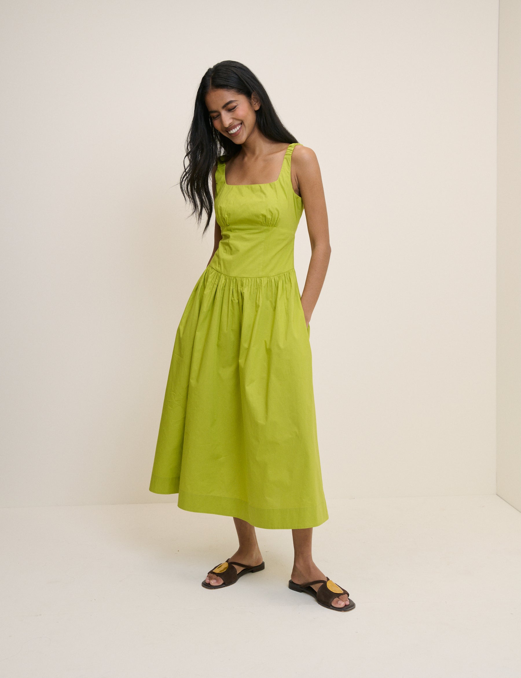 lime green midi dress Women's Simplistic Sophistication Square Neck Bodycon in above a draping cowl back Soraya Scoop Neck Wide Strap