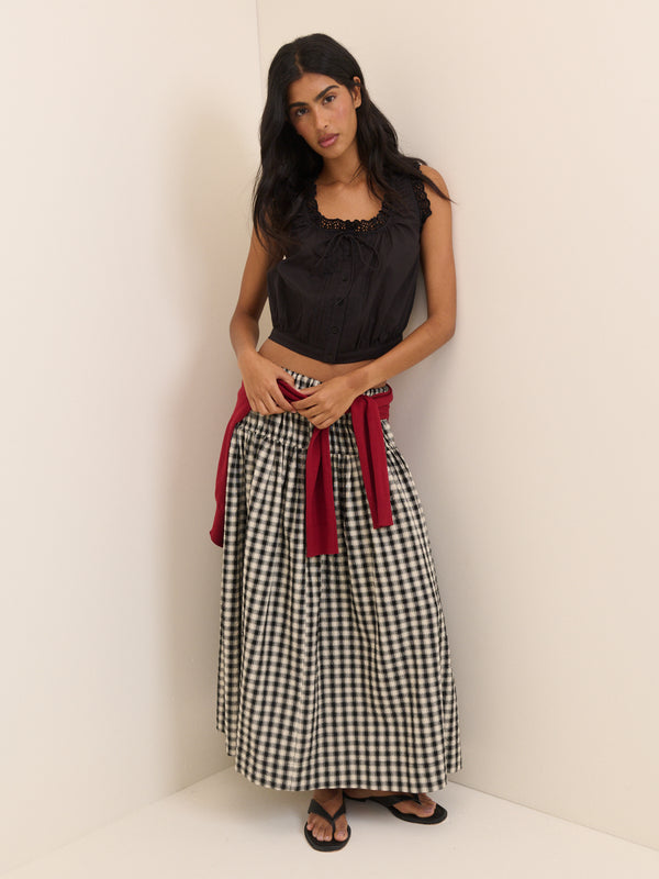 Black Broderie Lace Trim Scoop Neck Blouse