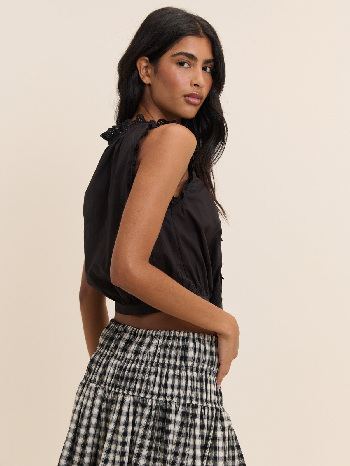 Black Broderie Lace Trim Scoop Neck Blouse