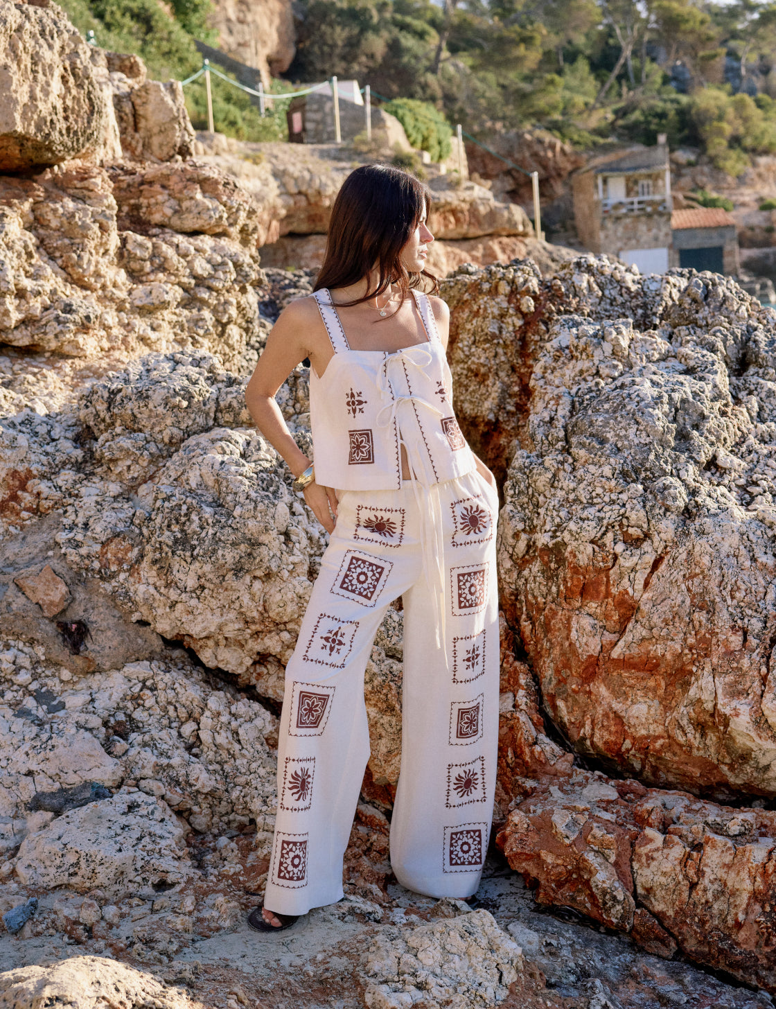 Ivory Tile Print Tie Front Topaz Top