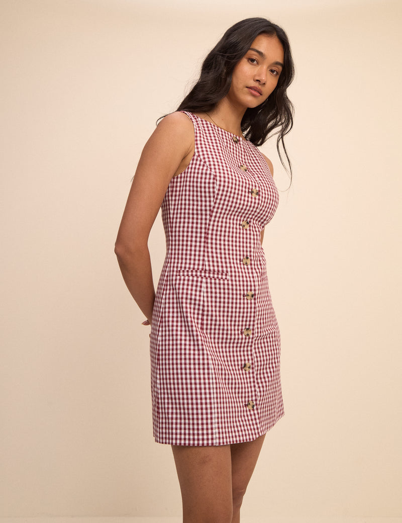 Burgundy Gingham Boat Neck Tailored Mini Dress
