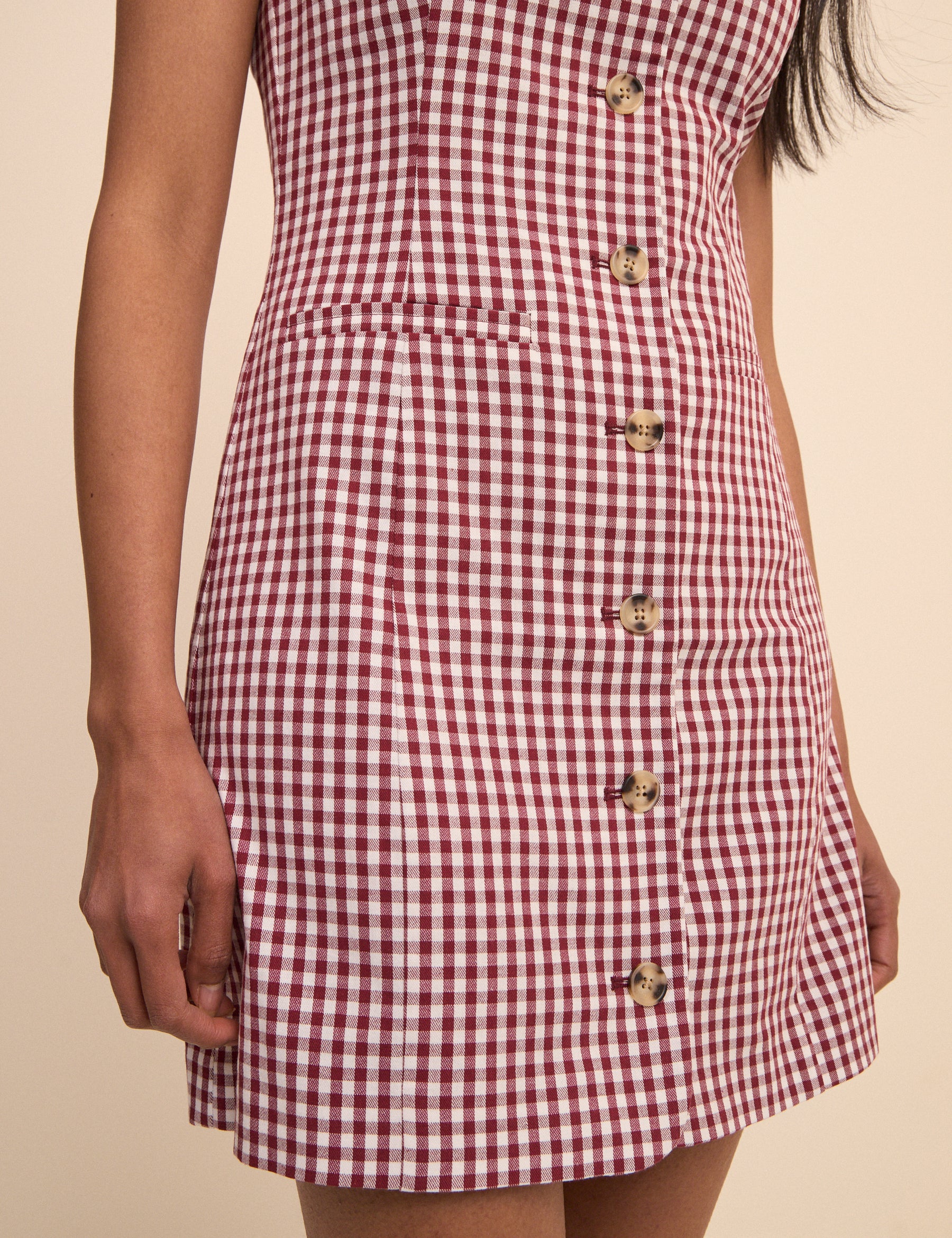 Burgundy Gingham Boat Neck Tailored Mini Dress