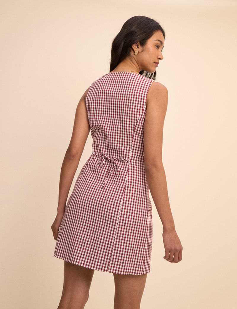 Burgundy Gingham Boat Neck Tailored Mini Dress