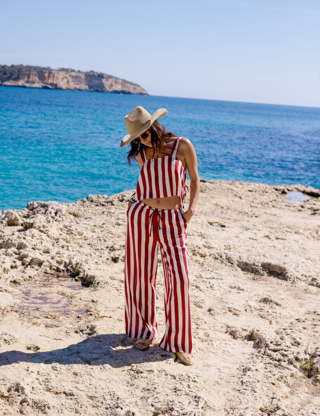 Burgundy Striped Sleeveless Linen-Blend Pillar Top