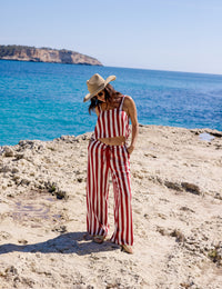 Burgundy Striped Sleeveless Linen-Blend Pillar Top