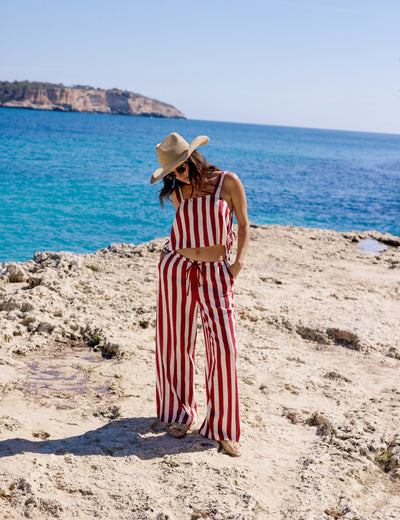 Burgundy Striped Sleeveless Linen-Blend Pillar Top