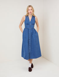 Blue Denim Sleeveless Pinstripe Starlight Midi Dress