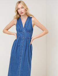 Blue Denim Sleeveless Pinstripe Starlight Midi Dress