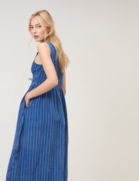 Blue Denim Sleeveless Pinstripe Starlight Midi Dress