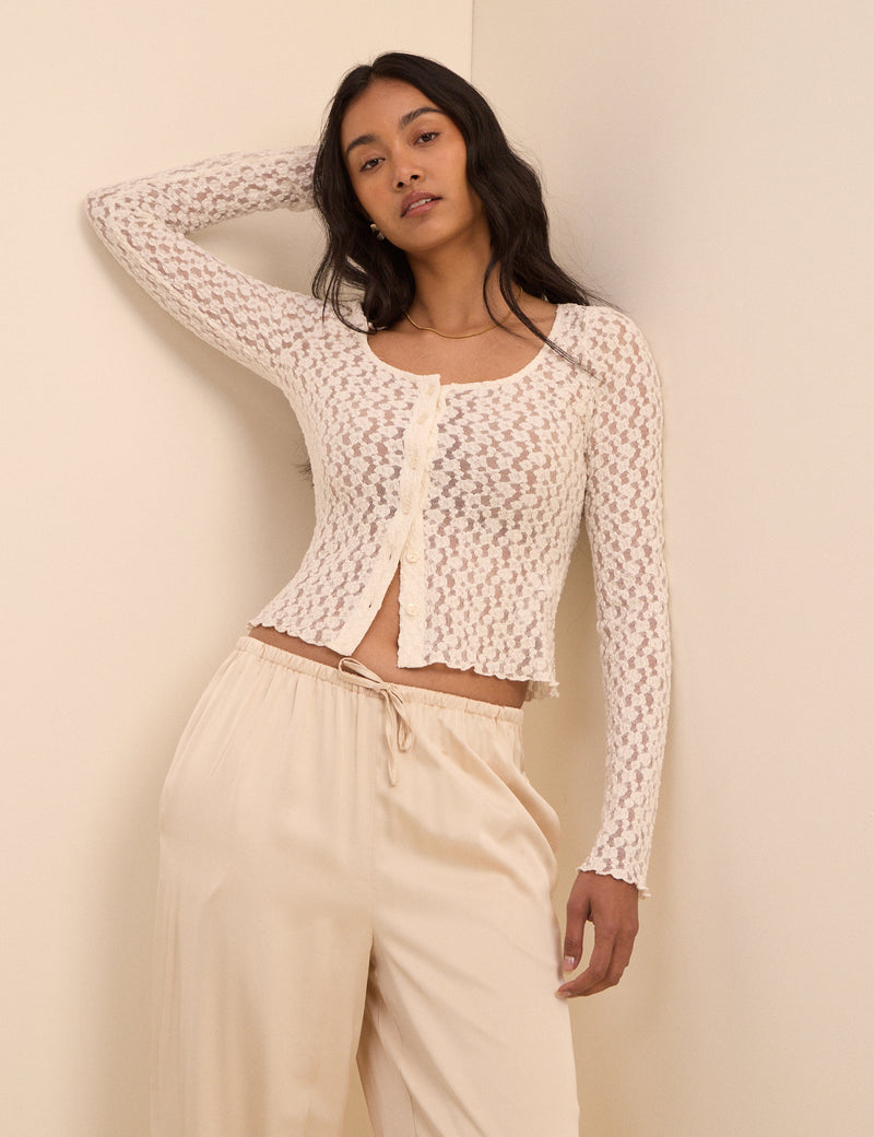 Cream Lace Scoop Neck Cardigan