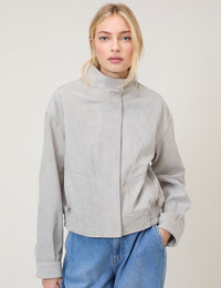 Grey Funnel Neck Suede Bomber