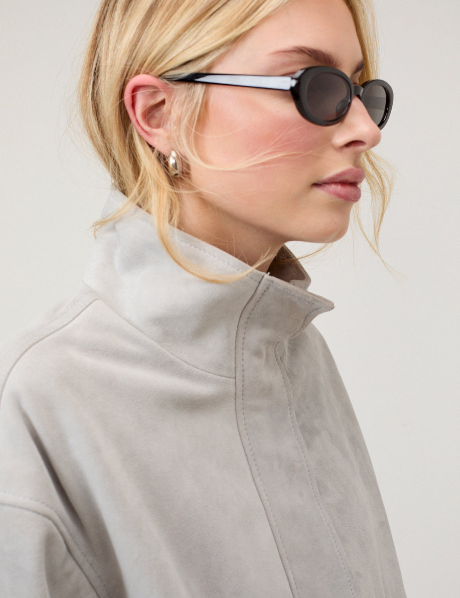 Grey Funnel Neck Suede Bomber