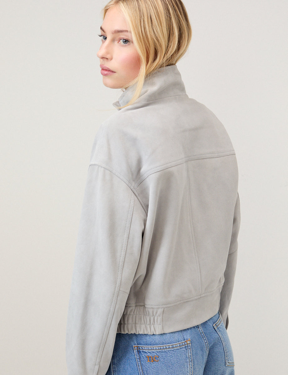 Grey Funnel Neck Suede Bomber