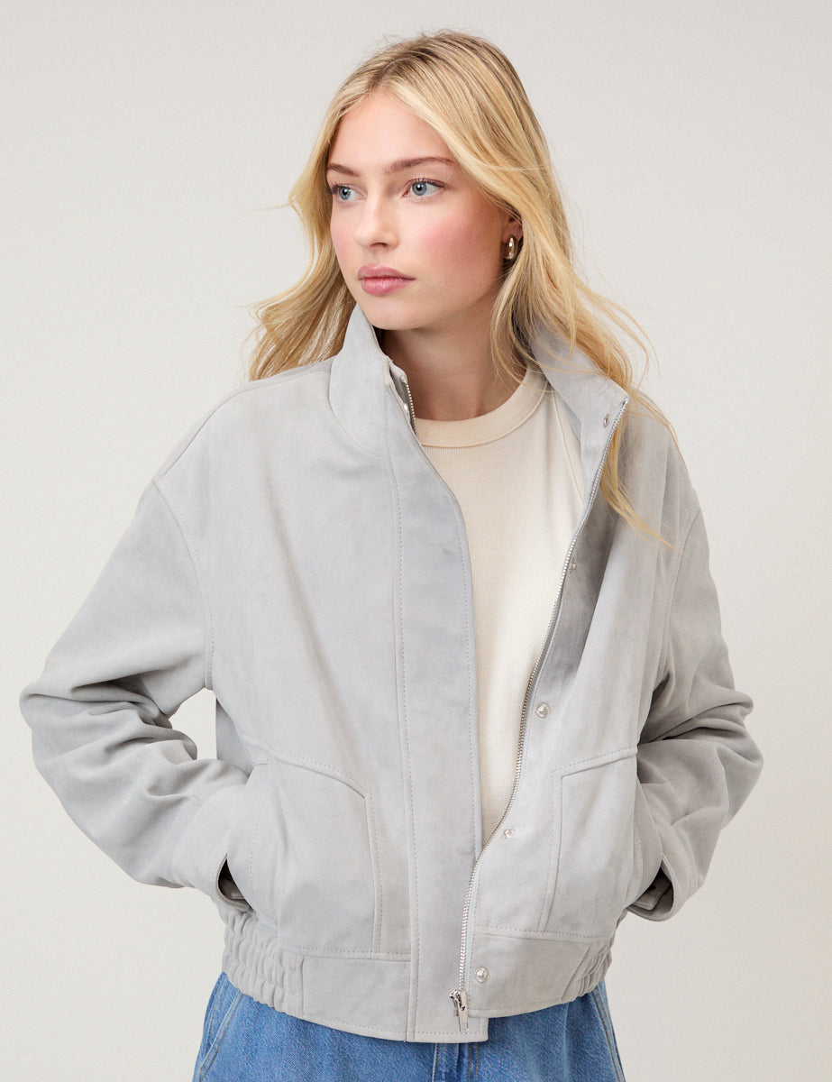 Grey Funnel Neck Suede Bomber