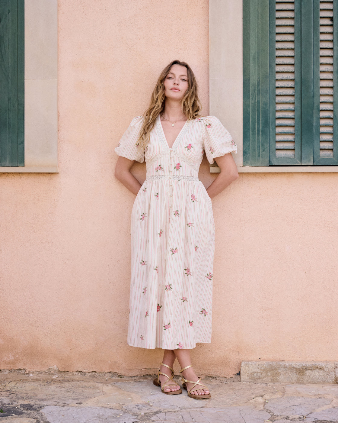 Light Pink Striped Puff Sleeve Yardley Midi Dress