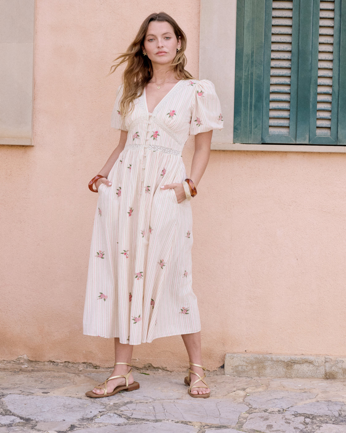 Light Pink Striped Puff Sleeve Yardley Midi Dress
