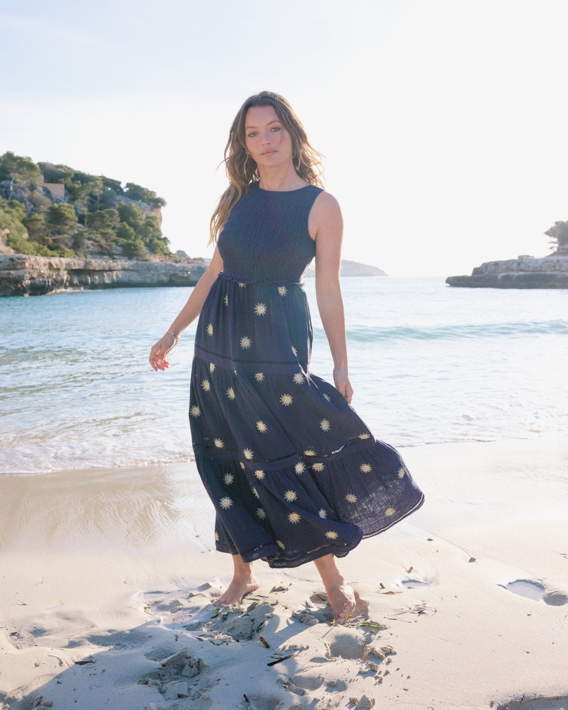 Navy Embroidered Tiered Calloway Midi Dress